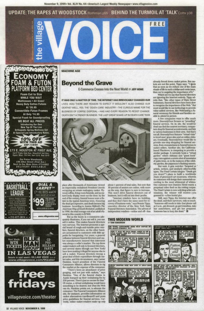 Beyond the Grave: E-Commerce Crosses Into the Next World, by Jeff Howe, Village Voice, November 9, 1999