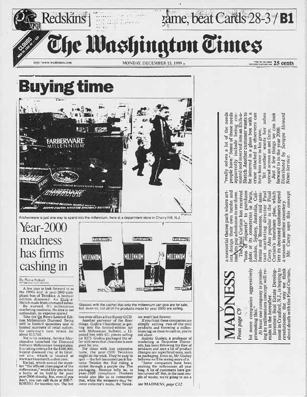 Buying time: Year-2000 madness has firms cashing in, by Rona Kobell, The Washington Times, December 13, 1999