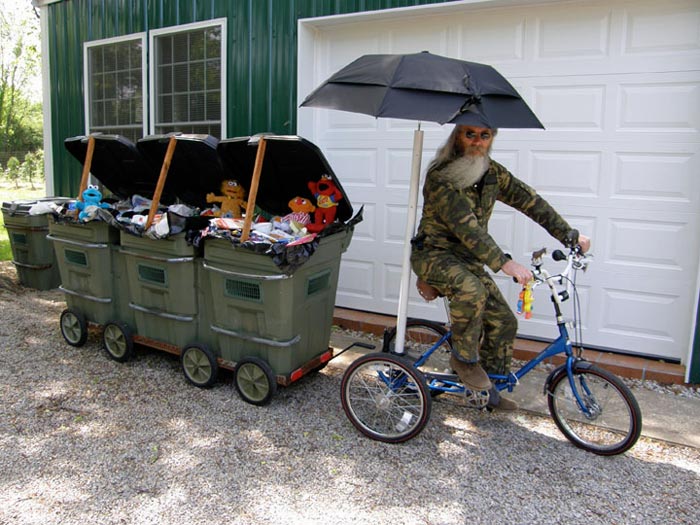 Joey Skaggs on pedaling his Mobile Homeless Homes prototype