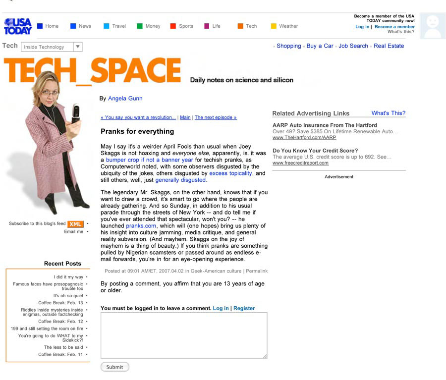Pranks for everything, Tech Space, by Angela Gunn, USA Today, April 2, 2007