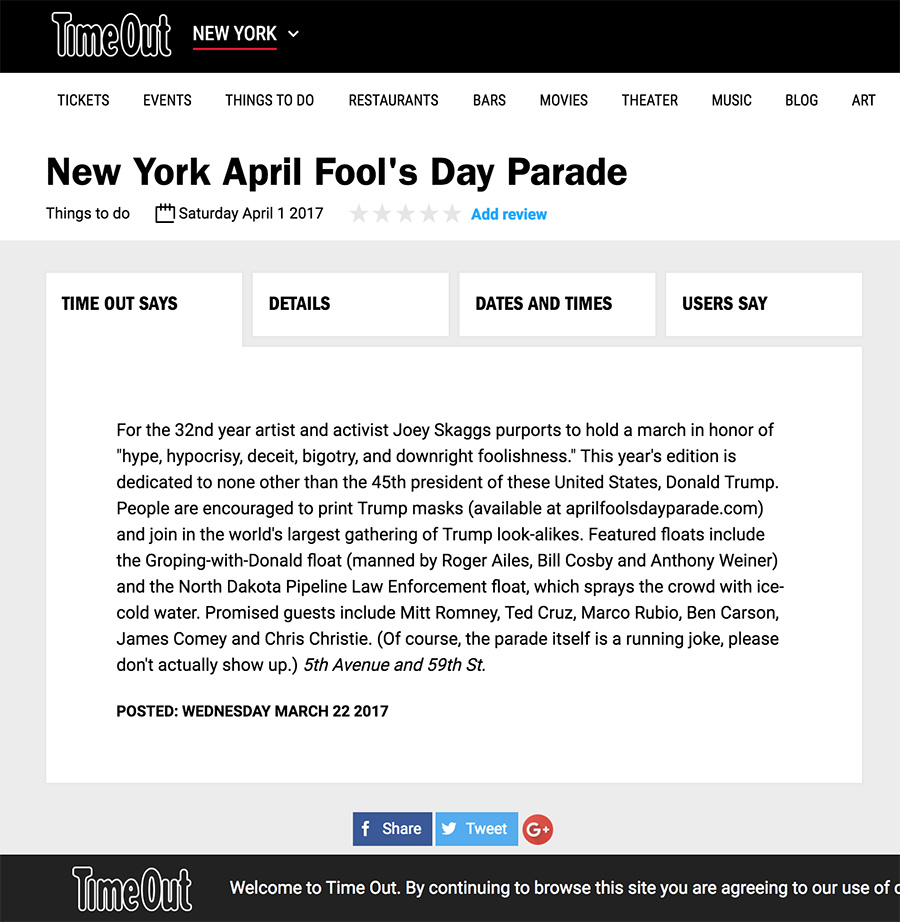 New York April Fool's Day Parade, Time Out New York, March 22, 2017