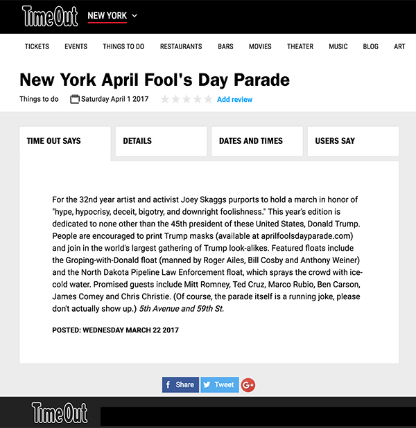 New York April Fools' Day Parade, Time Out New York, March 22, 2017